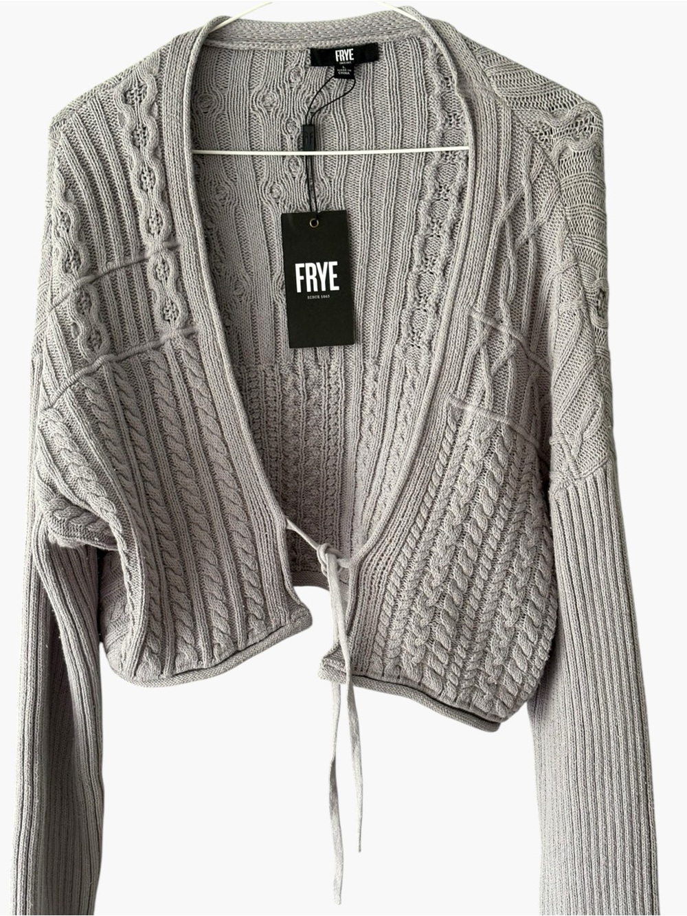 Women’s FRYE Cropped Cardigan Gray Open Weave L/S Size Large NWT - Picture 3 of 8